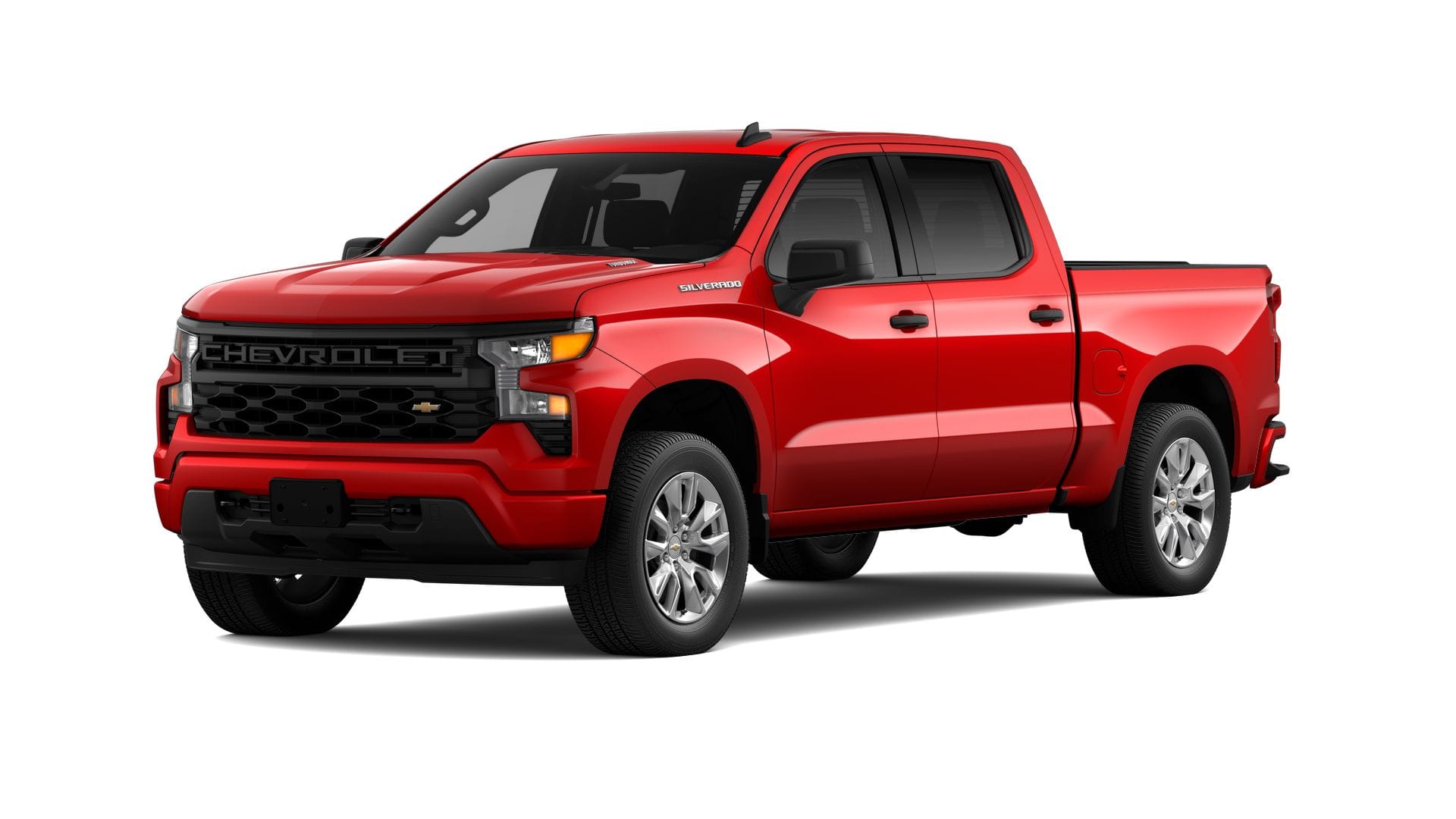 2026 Chevrolet Silverado 1500 Custom in Red Hot — front three-quarter view